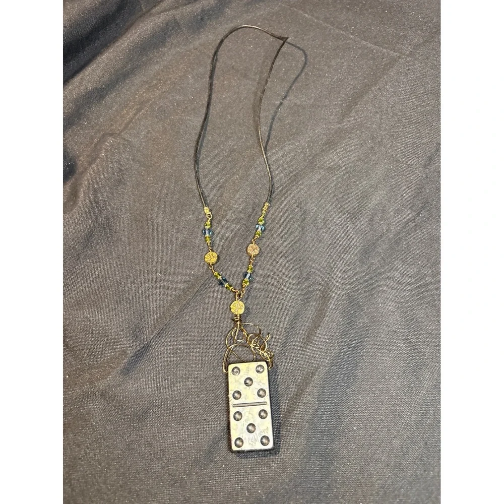 Unique Artisan Necklace Ceramic Pendant‎ Beaded Leather Cord Boho Chic